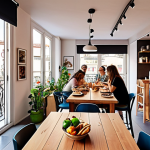 A vibrant co-living space in a modern Italian city, featuring shared workspaces, a communal kitchen with people of diverse ages cooking together, and large windows overlooking a bustling street with cafes and shops. The aesthetic should emphasize community and urban living.