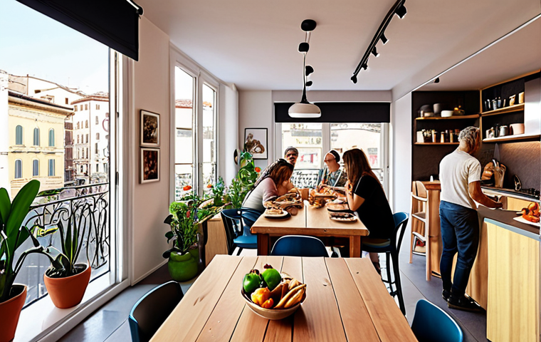 A vibrant co-living space in a modern Italian city, featuring shared workspaces, a communal kitchen with people of diverse ages cooking together, and large windows overlooking a bustling street with cafes and shops. The aesthetic should emphasize community and urban living.