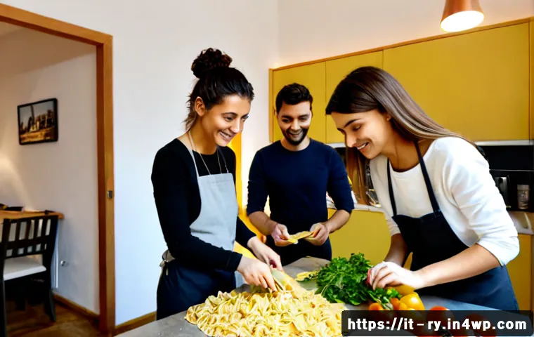 Home 13 코리빙 커뮤니티에서의 문화적 정체성 형성 - Photorealistic shared apartment kitchen in Milan, diverse young adult residents preparing an Italian...