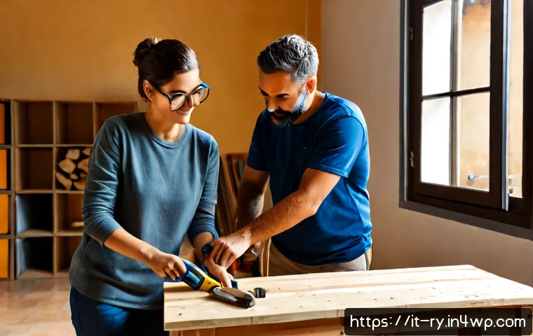 Home 14 코리빙 커뮤니티의 DIY 공간 활용법 - Photorealistic shared co-living DIY workshop in an Italian apartment building, two diverse adult res...